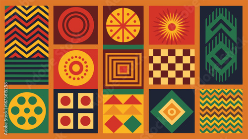 Colorful patterns in orange, brown, and yellow, showcasing a variety of intricate designs..eps