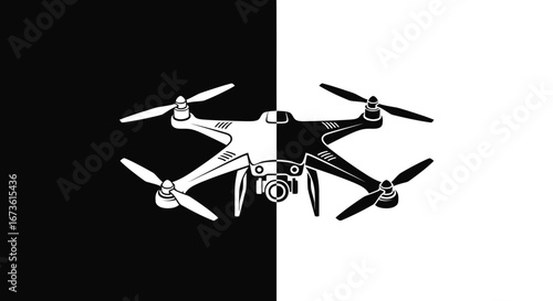 A stylized black and white illustration of a quadcopter drone with a split-color design on a contrasting background.