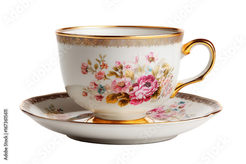 Elegant White Porcelain Teacup with Floral Pattern and Gold Accents on Saucer