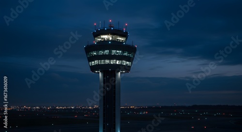 A tall, illuminated air traffic control tower at night, overseeing a city.