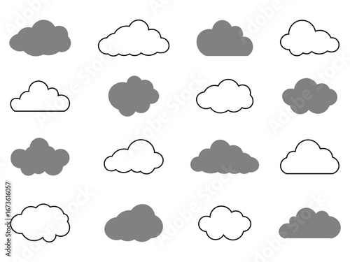 Cloud thin line icon set. Simple cloud design for weather. Silhouette icon of cloud. Natural weather symbol of rain. Cloud icons in a grid layout. Vector illustration.