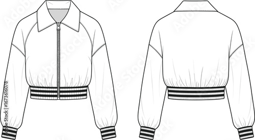 Title (20 words):
Fashionable cropped jacket technical sketch, front and back view, modern casual outerwear design, CAD drawing flat vector illustration, apparel blueprint
