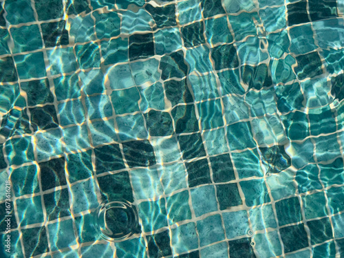 High-quality photo of turquoise pool tiles underwater. Perfect for summer, travel, or vacation themes. © vegefox.com