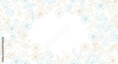Delicate floral border with teal and gold line art creates elegant feminine background