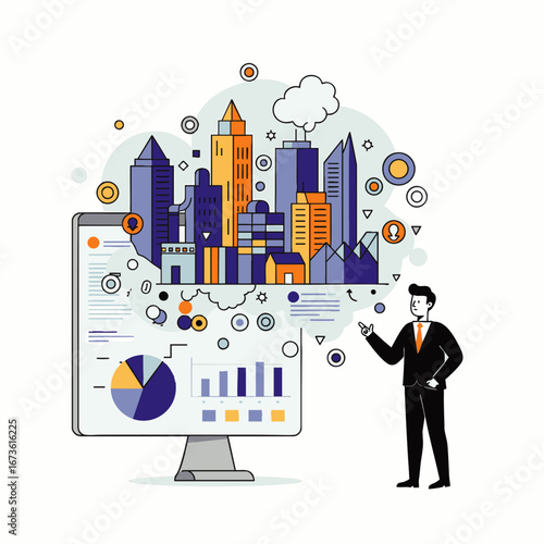 A businessman presents data-driven urban development and smart city concepts, visualizing complex analytics and a modern cityscape on a large digital monitor.