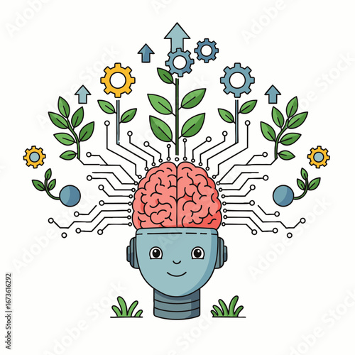 A conceptual illustration featuring a robot head with a human brain, depicting the powerful synergy of artificial intelligence, organic growth, and innovation.