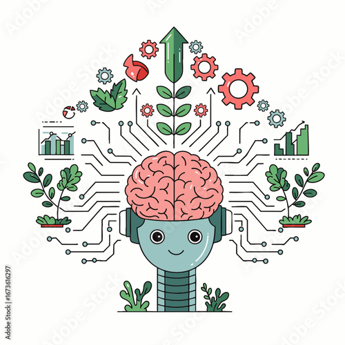 An adorable robot with a visible brain integrates technology and nature, symbolizing artificial intelligence driving sustainable growth and environmental innovation.
