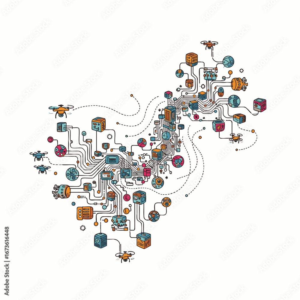 Obraz premium A complex digital network, abstractly shaped like a nation, illustrates the intricate connections of technology, data, and smart infrastructure.