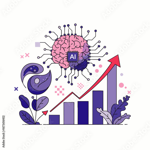 A vibrant conceptual illustration showcasing artificial intelligence and machine learning propelling technological advancement, data analysis, and future growth.
