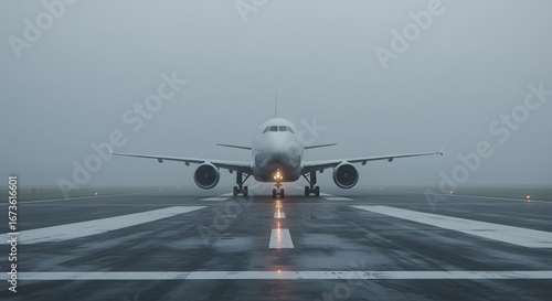 White passenger jet on a runway in foggy weather, awaiting takeoff or landing.