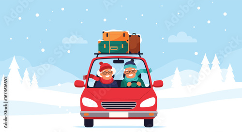Joyful elderly couple embarking on a winter road trip, packed car ready for adventure