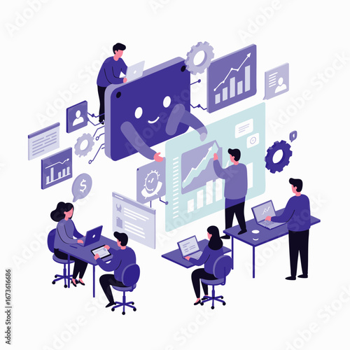 A team of professionals collaborates on digital data analysis and business strategy, leveraging technology for project success and growth.