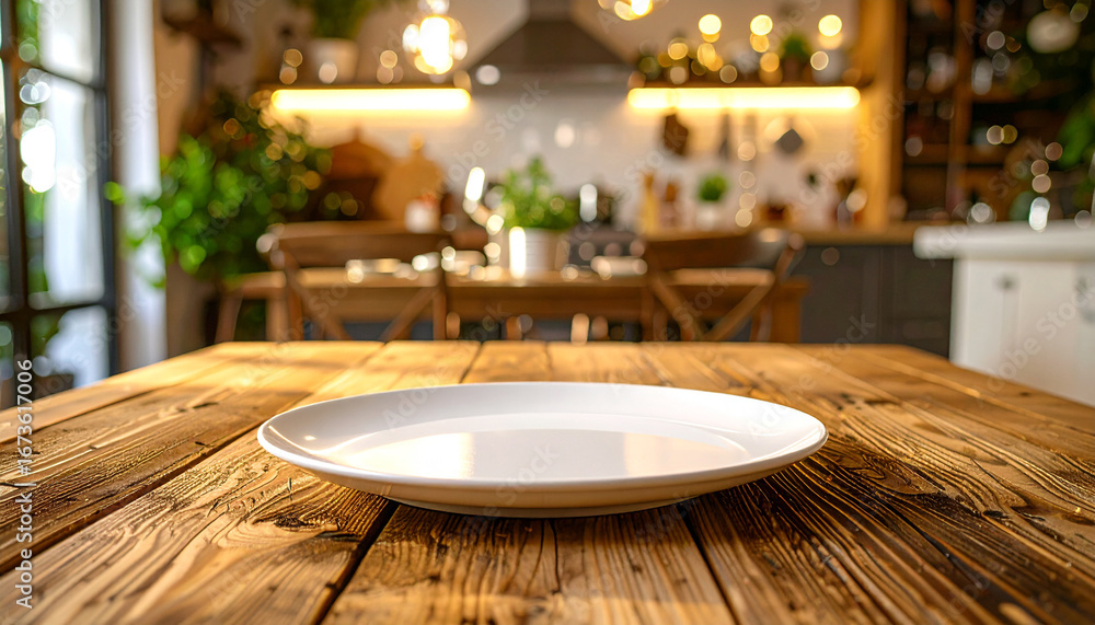 Fototapeta premium A plain white ceramic plate centered on a wooden dining table