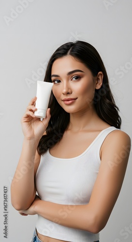 Beautiful Woman Holding Skincare Product Tube