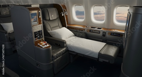 A luxurious first-class airplane seat fully reclined into a comfortable flat bed with white bedding.