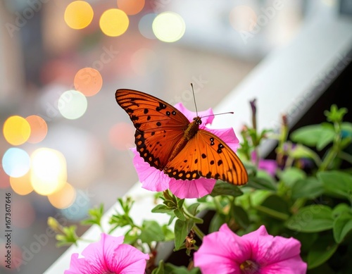 Butterfly on Balcony Flowers: Urban Nature Beauty