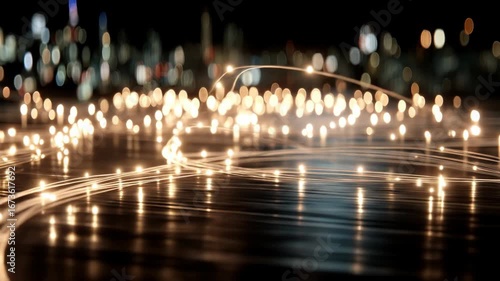 Wallpaper Mural Abstract glowing light strands over a dark surface, with a blurred city skyline in the background Torontodigital.ca
