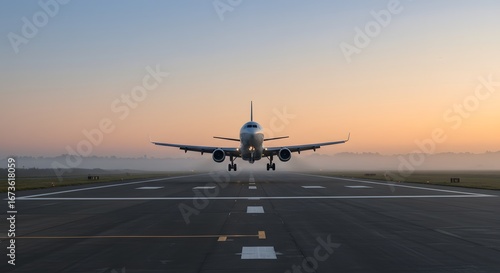 A passenger airplane descends towards a runway during a soft, hazy sunrise, its landing gear extended, preparing for touchdown.