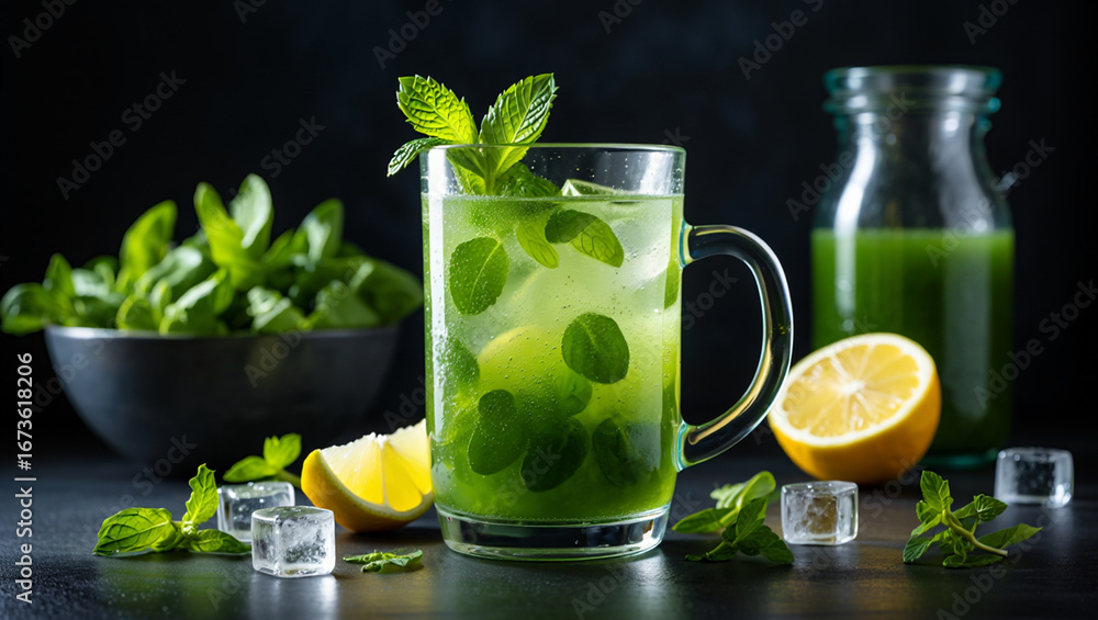 Fototapeta premium Refreshing green drink with lemon, mint, and ice. 