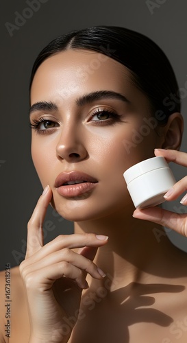 Beautiful Woman Presenting Skincare Product, Cream Jar