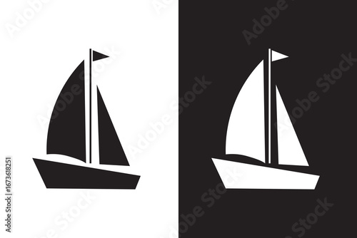 Simple black silhouette of a sailboat with two sails on white background