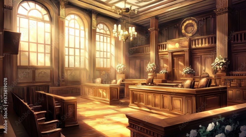 Obraz premium Grand courtroom interior, bathed in golden sunlight.