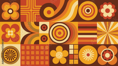 A vibrant set of patterns featuring shades of orange, brown, and yellow in various designs..eps