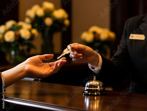 Guest and staff interaction shows hospitality and quality service.