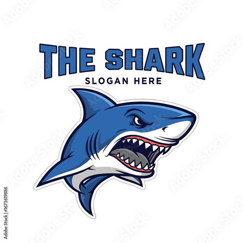 An aggressive blue shark mascot with sharp teeth and open mouth, designed as a logo with text above.