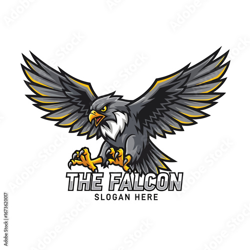 An aggressive grey falcon mascot with spread wings and sharp talons, illustrated as a fierce team logo.