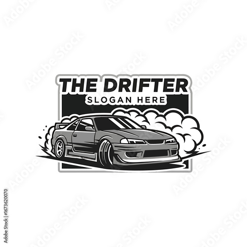 Monochrome illustration of a drifting sports car with text "The Drifter" and slogan.