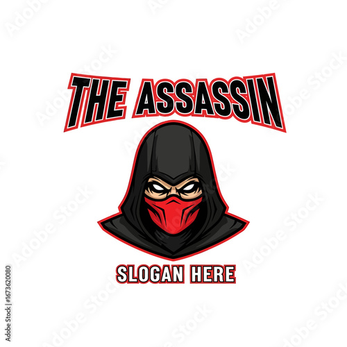 Graphic illustration of a hooded assassin with a red mask, accompanied by the text "THE ASSASSIN" and "SLOGAN HERE".