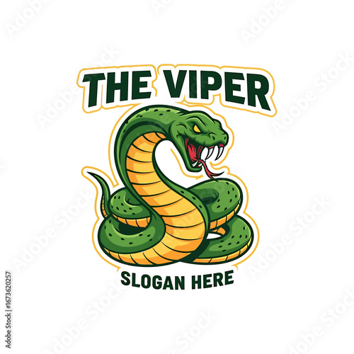 An aggressive green viper snake mascot logo illustration, coiled with visible fangs and a flicking tongue, featuring "THE VIPER" text.