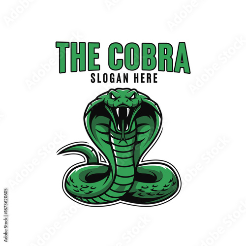 A vibrant green cobra mascot design, coiled and ready to strike with fangs exposed, featuring bold text "THE COBRA" and a placeholder slogan.