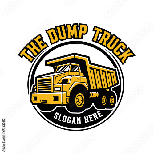 A yellow dump truck illustration within a circular logo design, ready for construction or transport.