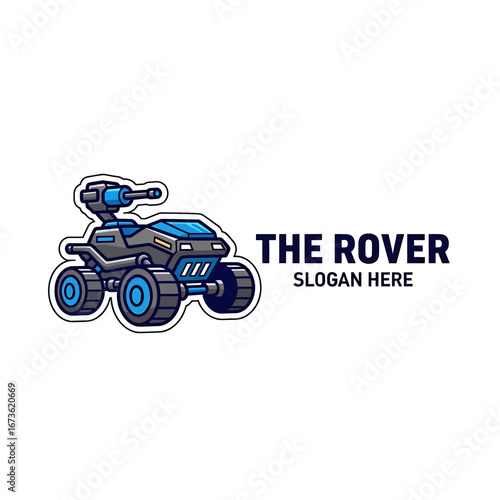 Futuristic four-wheeled rover logo design, dark grey and blue, with a small gun turret.