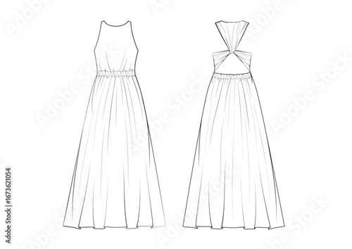 Women Resort Cut out back Maxi Dress, fashion flat sketch, Editable Flat Technical Drawings Illustration, Dress Mockup