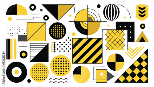 Various geometric shapes in yellow and black, creating a visually striking abstract design..eps
