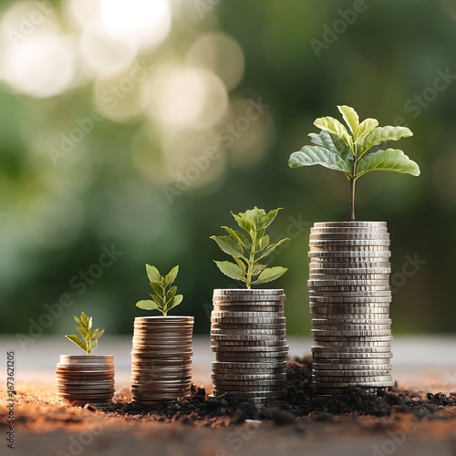 Investment growth concept with coins and plants showing financial success and wealth building plan