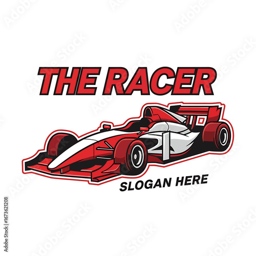 Dynamic illustration of a red and white Formula 1 race car with "THE RACER" text, designed for a sports logo.