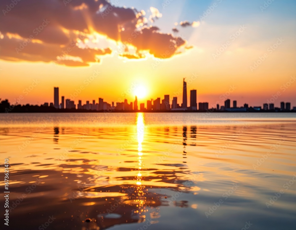 Fototapeta premium Golden Hour Cityscape: Serene Reflections at Sunset