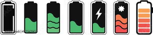 Battery charge levels from empty to full with different icons and colors