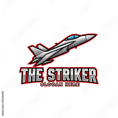 A sleek, modern fighter jet logo with the text "THE STRIKER" and "SLOGAN HERE" below, presented against a clean white background.