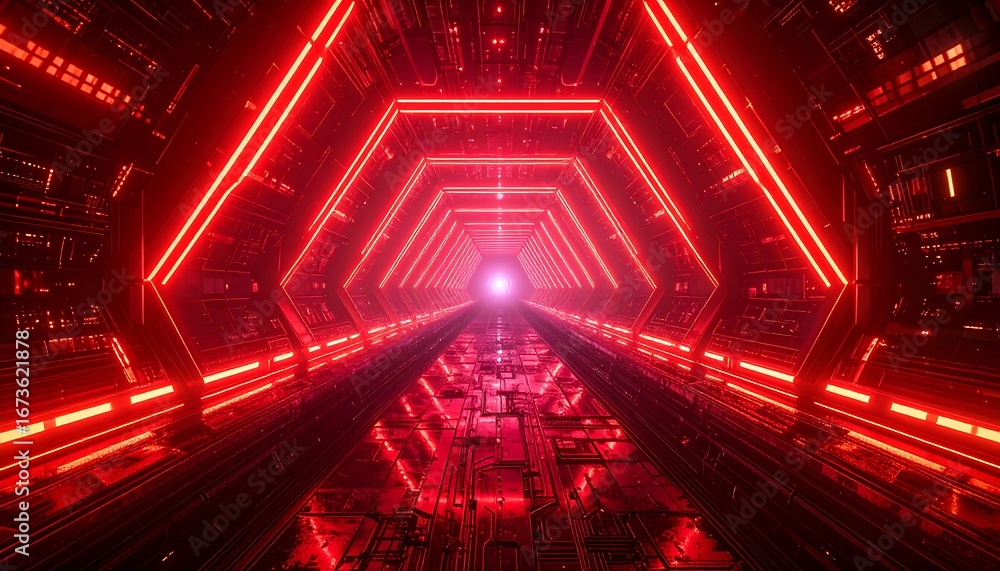 Obraz premium Futuristic red neon tunnel