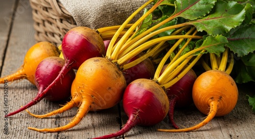 Red and Golden Beets on Rustic Wooden Surface