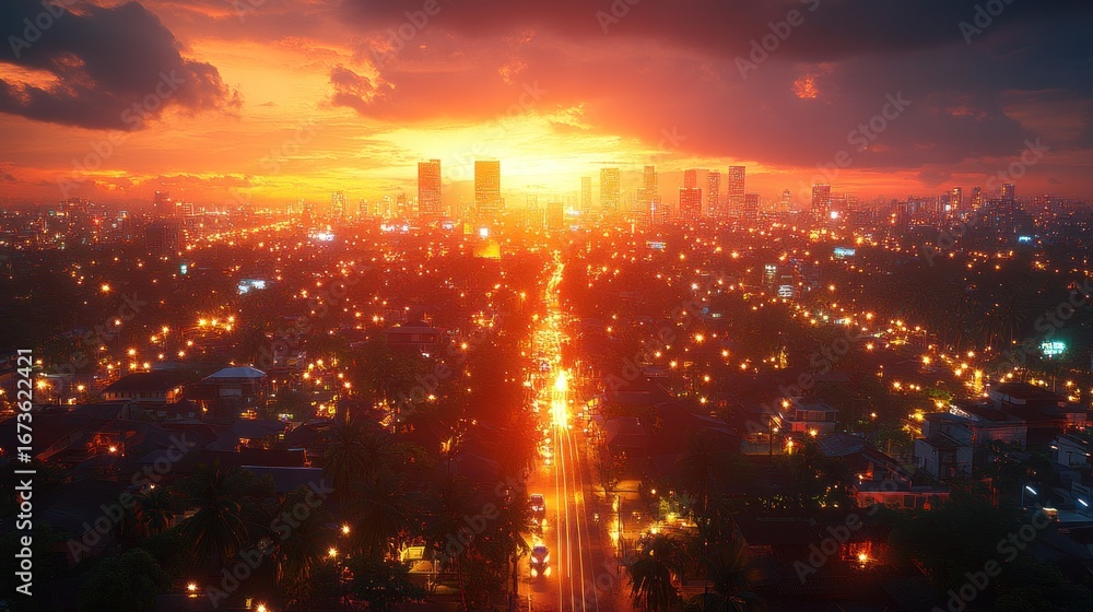 Fototapeta premium Cityscape at fiery sunset