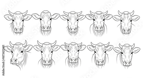 Cow Head Line Drawing Face Illustration Set