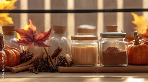 Fototapeta Naklejka Na Ścianę i Meble -  Autumn spice jars, pumpkins and cinnamon sticks in soft backlight, cozy fall banner with copy space for seasonal recipes, cooking or rustic kitchen décor