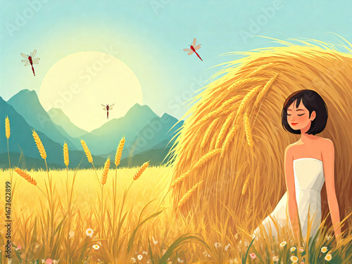 Peaceful Rural Landscape with Woman