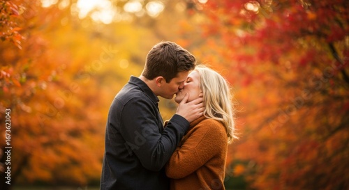 Romantic Couple Kissing Amidst Vibrant Autumn Leaves